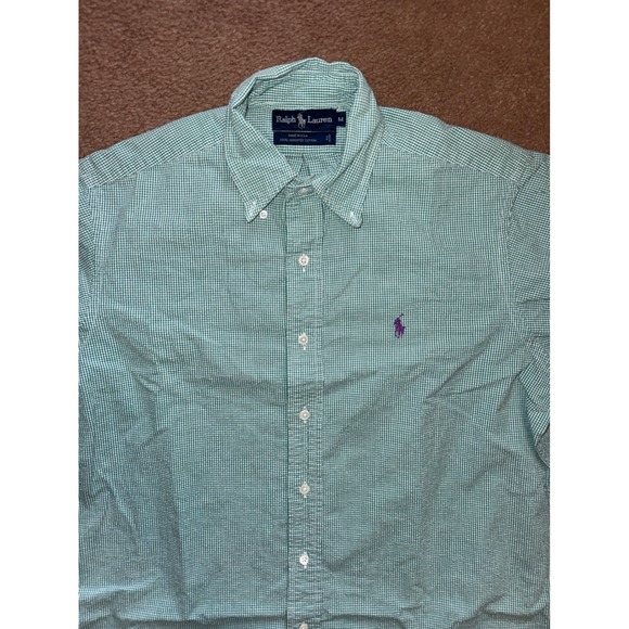 VTG‎ Ralph Lauren Button Up Men's Medium Green White Short Sleeve Gingham Shirt - Picture 4 of 8
